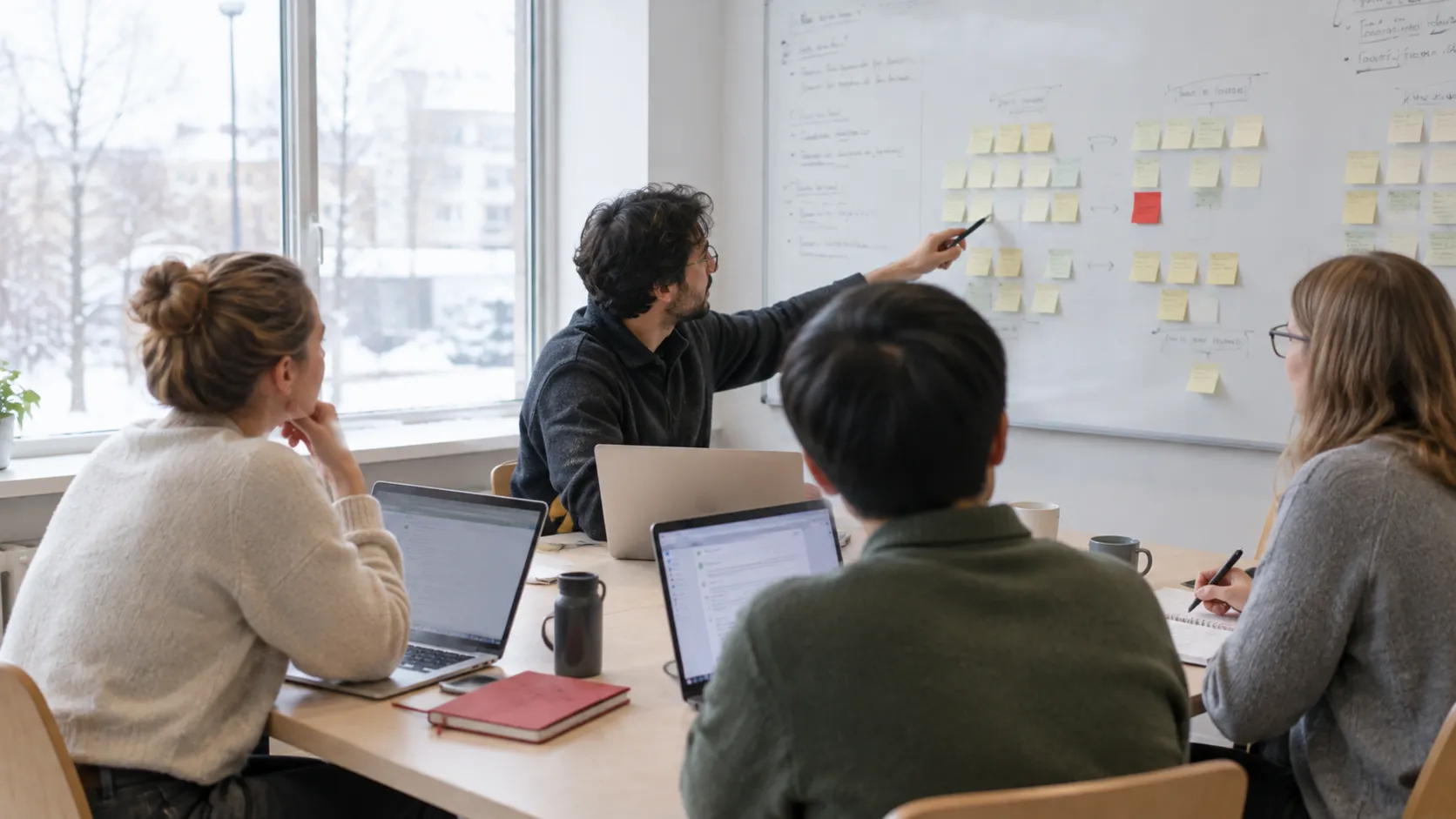 A small team around a table watching a colleague point at sticky notes on a whiteboard