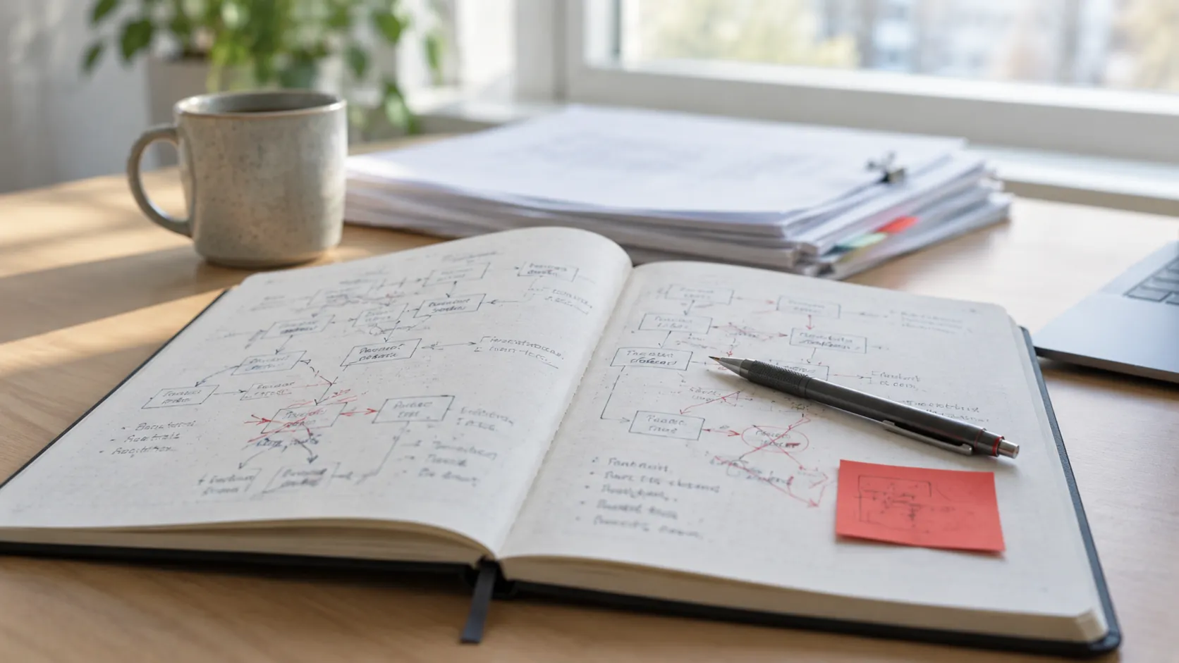 An open notebook of hand-drawn flow diagrams, some routes crossed out, with a pencil and a red sticky note