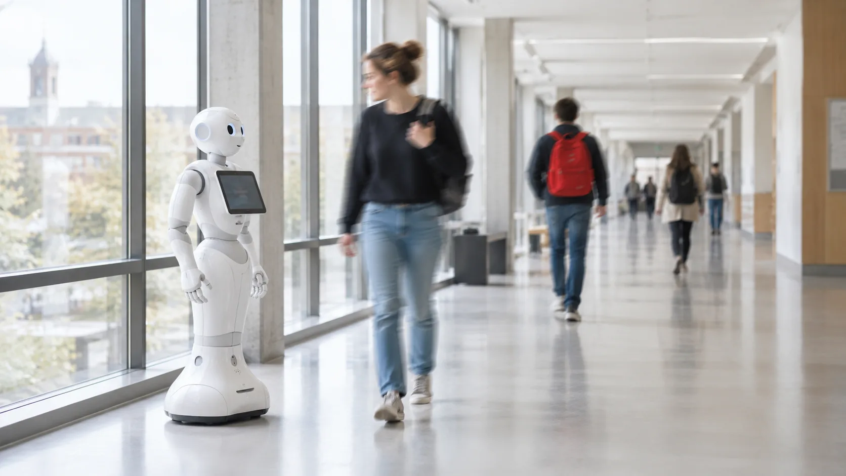 A Pepper robot standing by the windows of a university corridor as students walk past