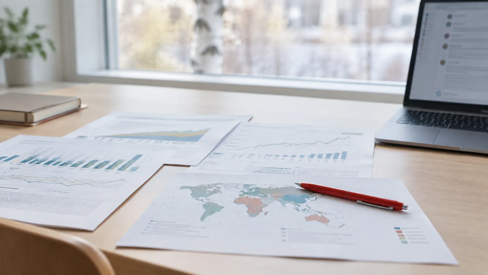 Climate reports with charts and a world map spread on a desk beside a laptop, a birch tree outside the window