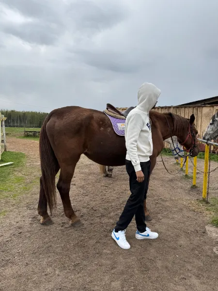Kavindu Ravishan Perera in a white hoodie beside a brown horse on a farm